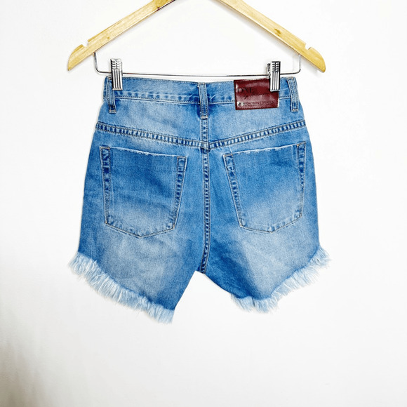 ONETEASPOON X FREE PEOPLE High Rise Bonita Raw Hem Denim Shorts button fly 24 - Picture 7 of 9
